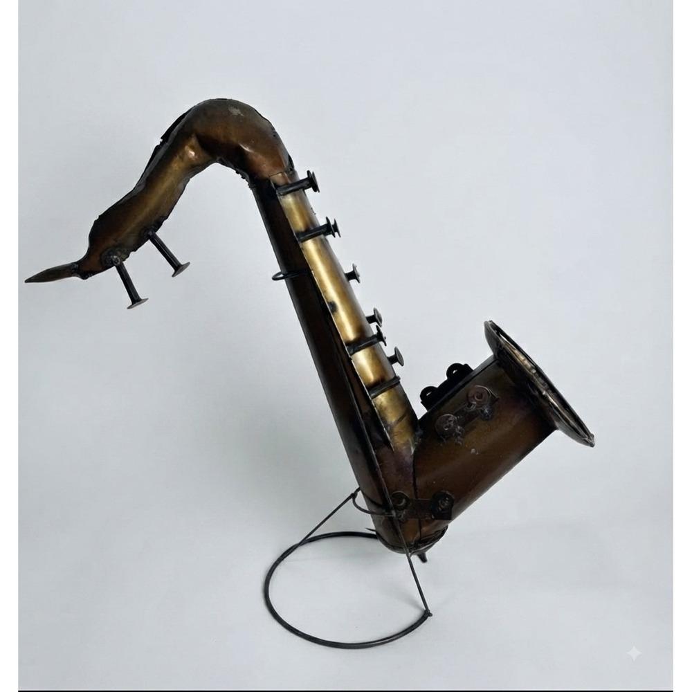Vintage Industrial Metal Saxophone Sculpture Rustic Steampunk Jazz Music Decor